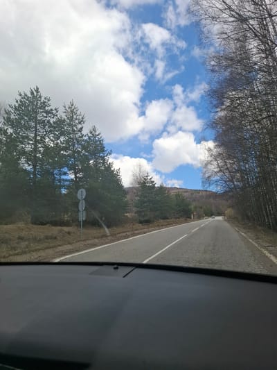 The image shows a view from inside a vehicle, likely a car, traveling on a road in Gintsi, Bulgaria. The road has a solid white line dividing the lanes. To the left of the road is a mix of trees and foliage. A road sign is visible alongside the road. In the distance, a vehicle is moving along the road. Above the treeline, the sky is visible with a mix of blue sky and white clouds. The overall scene suggests a drive through a somewhat rural or forested area.