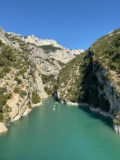 This is a vertical, eye-level, medium shot of the Verdon Gorge in Moustiers-Sainte-Marie, France. The gorge is characterized by steep, rocky cliffs covered in green vegetation. The turquoise waters of the Verdon River flow through the bottom of the gorge. Several small boats, including paddle boats and kayaks, are visible on the water, with a few people on them. The sky is a clear, bright blue. The scene captures the natural beauty and recreational activities available in the gorge.