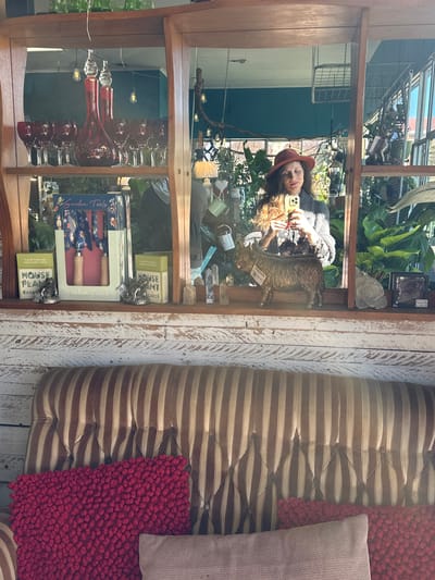 The image shows a woman taking a selfie in a mirror, reflecting a room filled with plants and decorative items. She is wearing a red hat and a grey knitted cardigan over a floral top. In the foreground, a tufted brown and beige striped sofa is visible with two pillows on it, one red and textured, the other a light pink. The background in the mirror reveals a shelf with red glass decanters and wine glasses, alongside boxes labeled "Garden Tools" and "House Plant Cards". A bronze figurine of a highland cow is also on the shelf. The environment appears to be a retail space or a home decorated with plants and vintage items. The location is specified as Bellingen, Australia, likely a shop or an apartment in the town.