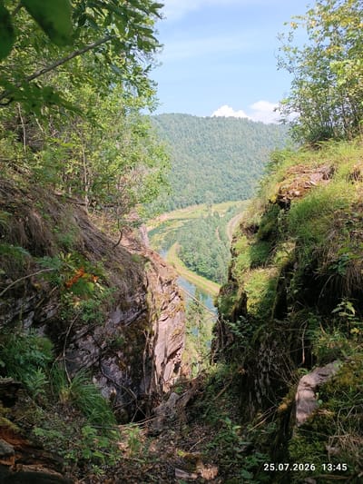 The image captures a high-angle view looking down into a valley from a forested cliffside. A winding river or canal is visible in the valley, with a railway line running alongside it. Dense green forests cover the distant hills, and the sky is blue with scattered white clouds. The foreground consists of a rocky cliff face with overgrown vegetation, including trees, bushes, and moss. The timestamp "25.07.2026 13:45" is overlaid on the bottom right of the image. The scene appears to be a natural landscape, likely in the vicinity of Brishtamak, Russia, given the date stamp and geographical context. There are no people or specific human activities depicted, apart from the distant railway line.