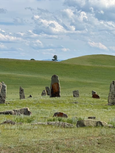 The image depicts an open, grassy field under a cloudy sky. Several upright stones, varying in size and shape, are scattered throughout the landscape. Some of these stones have reddish-brown markings. In the background, rolling green hills create a natural horizon, with a single tree visible on one of the distant slopes. The foreground shows more of these stones, some appearing to be lying on the ground, partially covered by grass. The environment is serene and appears to be a natural or historical site. This image is identified as being taken in the vicinity of Сафронов, Russia.