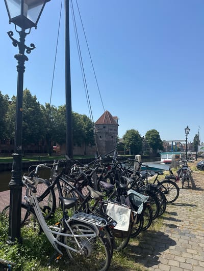 This media file captures a sunny day scene in Zwolle, Netherlands, with a strong focus on a collection of parked bicycles. The image is oriented vertically, showing a clear blue sky above a picturesque canal.

In the foreground, a decorative lamppost stands prominently, its ornate ironwork contrasting with the simpler structures around it. A thick black pole, likely part of the lamppost or a nearby fixture, extends upwards, bisecting the frame. Beside the canal, numerous bicycles are tightly packed, some leaning against each other and others on their kickstands. Their varied designs, from classic Dutch bikes with upright frames to more modern ones, suggest a popular mode of transport in the area. Some bicycles have bags or baskets attached, indicating their utility.

Beyond the bicycles, the scene opens up to reveal a body of water with a white and teal boat docked. Across the canal, lush green trees form a dense canopy. Further in the background, historic architecture is visible, including a distinctive red-tiled, turret-like building that appears to be an old tower. The cobblestone path beside the canal is visible, casting long shadows from the bicycles and an unseen person, suggesting it is midday. The clear sky and bright sunlight indicate fair weather.

While no people are clearly depicted in the act of activity, their presence is implied by the parked bicycles and the shadows. The overall mood is peaceful and relaxed, characteristic of a pleasant day in a European city. There is visible text on some of the bicycles; "Gazelle" and "Stella" can be seen on the frames of some bikes. "Batavus" is also visible on the frame of a white bicycle.