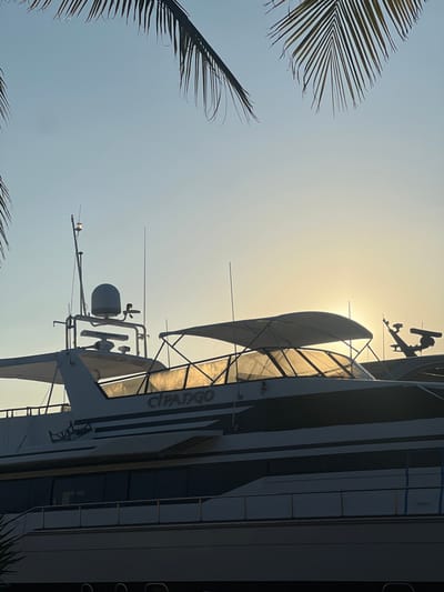 A luxury yacht is seen against a bright, hazy sky at sunset or sunrise. Palm fronds frame the left side of the image. The yacht's name, "CIPANGO," is visible on the side. The masts, satellite dishes, and awnings of the yacht create a complex silhouette against the light. The light seems to be obscuring the details of the yacht.