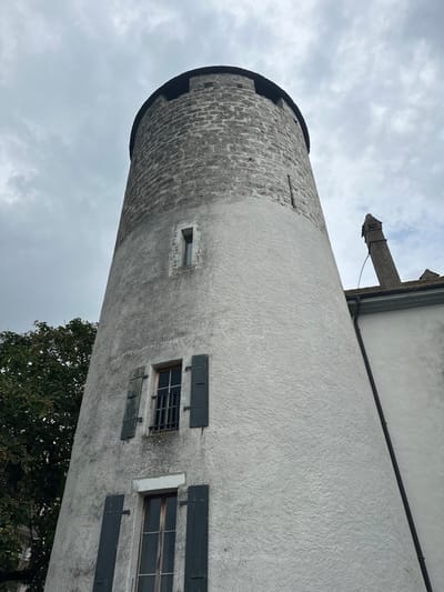 The image presents a low-angle view of the Tour Saint-Jean, a round medieval tower, located in Vevey, Switzerland, specifically at Avenue Général-Guisan 64. The tower's lower two-thirds are covered in a light grey, textured stucco, transitioning to an upper section composed of rough, dark grey stone masonry. The tower culminates in a dark, battlemented parapet at its summit.

Three windows are visible on the tower's surface. The highest is a small, narrow, single-pane rectangular window positioned within the stone section. Below it, in the stuccoed area, are two larger rectangular windows. The upper of these two features multiple panes, a black metal railing, and is flanked by open, weathered dark green wooden shutters. The lowest visible window is taller, also features multiple panes, and is similarly flanked by open, weathered dark green wooden shutters.

To the right of the tower, a portion of an adjacent building is visible. This building has a light-colored or white facade, a dark sloped roof, and a prominent dark, angular chimney extending upwards against the sky. A dark vertical downspout runs along the seam where this building meets the tower. On the left side of the frame, a dense, dark green tree partially obscures the lower section of the tower. The sky above is overcast, displaying varied shades of grey clouds. No individuals or discernible activities are present in the scene.