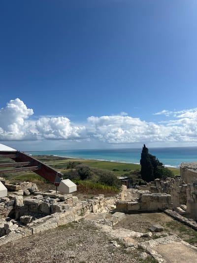 This image captures an elevated panoramic view of the archaeological site of Kourion, situated in Episkopi, Cyprus, overlooking the Mediterranean Sea. The foreground consists of ancient, light-colored stone ruins, comprising fragmented walls, foundations, and scattered debris. Adjacent to these ruins, on the left, is the base of a modern protective roof structure with exposed wooden beams and metal supports, along with a distinct, angular white block-like object. The midground features a wide expanse of green, cultivated land or fields stretching horizontally towards the coast. Scattered shrubs and a prominent dark green, conical tree are visible within this landscape on the right. In the background, the Mediterranean Sea exhibits varying shades of turquoise near the shoreline transitioning to deeper blue. A narrow, light-colored strip of beach separates the green land from the sea. The sky above is a clear, bright blue, populated by scattered, fluffy white cumulus clouds, primarily concentrated towards the left. No individuals or discernible actions are present within the scene.