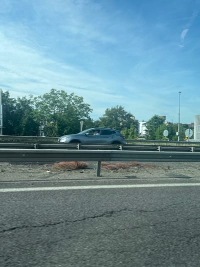 A gray car travels alongside a highway. The vehicle is visible through the guardrail. Beyond the guardrail, trees and buildings stand. The sky is a bright blue, streaked with wispy clouds. The road surface is gray, with cracks and a white line marking the edge of the lane. The scene is shot from another car, giving a view of the side of the road.