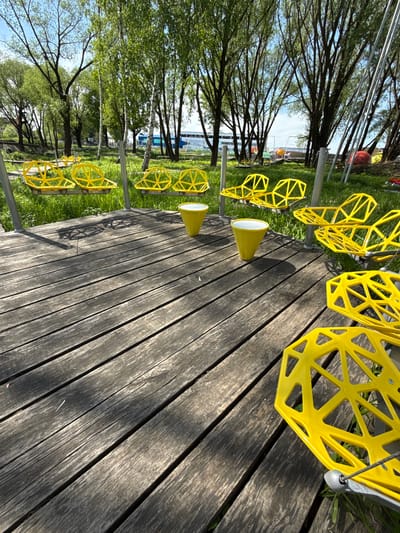 On a sunny day in Синьково, Russia, the scene is dominated by a wooden boardwalk extending diagonally across the frame from the lower right to the upper left. Along the edge of the boardwalk, near the upper left corner, there is a row of yellow geometric sculptures mounted on metal poles, creating an interesting linear pattern against the backdrop of trees and a distant body of water.
The wooden planks of the boardwalk are weathered and gray, showing the grain and texture of the wood, with varying shades of light and shadow. The yellow sculptures have a complex, angular design, resembling cages or abstract forms. Some of the sculptures are cone-shaped at the bottom with a white interior.
Behind the sculptures, trees with green foliage can be seen, and in the distance, there is a body of water, suggesting a lake or river. The sky is visible through the branches of the trees, hinting at a bright day. The photograph appears to be taken from a low angle, emphasizing the perspective of the boardwalk and the sculptures.