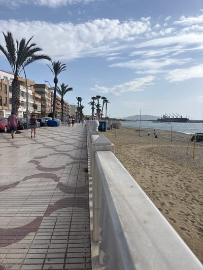 This is a street-level, medium-long shot taken from a sidewalk looking toward a beach and a harbor in Garrucha, Spain. The sidewalk is paved with square tiles in a repeating pattern of light and dark red curves. Palm trees line the sidewalk, interspersed with buildings that appear to be apartments or hotels. A few cars are parked along the street. People are walking on the sidewalk and on the beach. The beach is sandy, with some volleyball nets set up. In the background, there is a large cargo ship in the harbor and mountains in the distance. The sky is blue with scattered clouds.