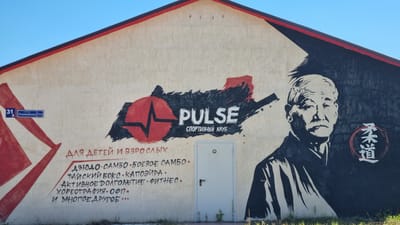 The image shows a mural on the side of a building located at 31A Olimpiyskaya Street in the city of Verzilovo, Russia. The mural features a stylized red heart with a pulse line, the word "PULSE" in large white letters, and "SPORTIVNY KLUB" (sports club) in smaller letters below. To the left of the text, there are red abstract shapes. To the right of the text, there is a black and white portrait of an elderly Asian man in traditional attire, with a circular emblem containing Asian characters next to him. Below the main text, there is a list of activities offered by the sports club, including "DZYUDO," "SAMBO," "BOEVOE SAMBO," "TAISKII BOKS," "KAPOEIRA," "AKTIVNOE DOLGOLETIE," "FITNES," "KHOREOGRAFIYA," "OFP," and "I MNOGOE DRUGOE" (and many more). A white door is visible in the center of the building, behind the mural. The sky is clear and blue.