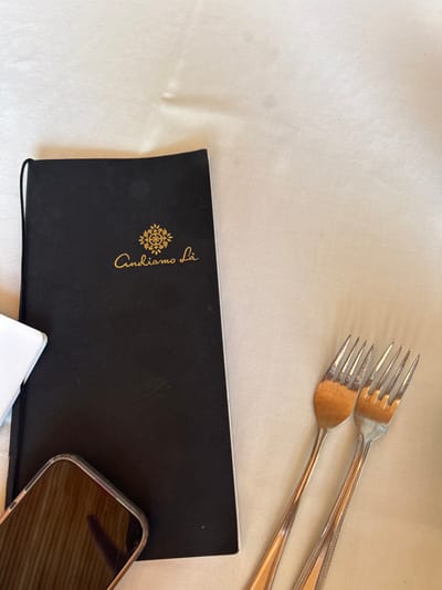 The image shows a black menu with a gold logo that reads "Andiamo Là" and a gold star-shaped design. There is a smartphone on top of the menu and three forks on the right side of the image. The forks are on a white tablecloth. The coordinates (latitude: 9.937, longitude: -84.188) correspond to a location in Santa Ana, Costa Rica, likely within a restaurant. The scene suggests a table setting for dining. The image likely captures a moment of anticipation before a meal.