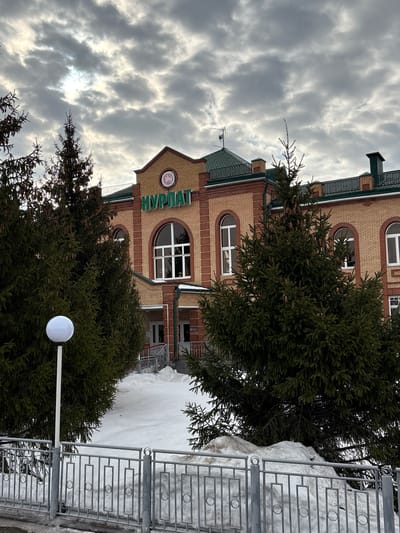 The image displays a two-story brick building situated in Nurlat, Russia, under an overcast sky. The building features light brown-orange brickwork with darker brick accents, a prominent green sloped roof, and multiple arched windows with white frames. Centrally on the roof's gabled section, the word "НУРЛАТ" (NURLAT) is displayed in raised green letters, beneath a circular emblem featuring a white design on a red background. The building has an accessible entrance with a ramp and stairs, guarded by metal railings, leading to double doors. Several tall, dark green evergreen trees, possibly spruce or fir, are present in the foreground and partially obscure the building. The ground is covered in snow, indicating a cold weather environment. In the immediate foreground, a grey metal fence with decorative rectangular and circular patterns runs horizontally, behind which a white spherical street lamp on a pole is visible on the left. Piles of snow are accumulated behind the fence and around the trees. No individuals are visible in the scene.