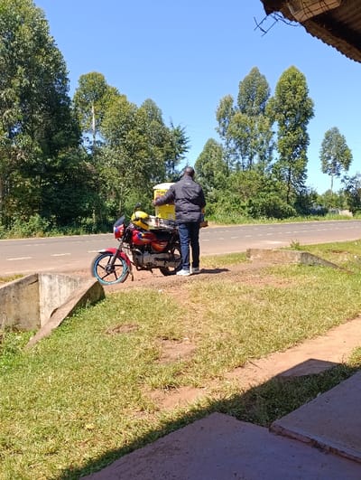 A man stands next to a red motorcycle parked on the side of a paved road in Kaplelwo, Kenya. The motorcycle is heavily loaded with a large, rectangular yellow container on its rear rack. The man, viewed from behind, wears a dark jacket and blue jeans, appearing to attend to the motorcycle or its cargo.
The scene is set outdoors under a clear, bright blue sky, indicating a sunny day. Strong shadows visible on the ground and from the overhead structure in the foreground suggest it is likely mid-morning or early afternoon. The background is dominated by lush green vegetation, featuring numerous tall trees with dense foliage, possibly eucalyptus.
In the immediate foreground, there is a patch of green grass with some visible dirt patches and a concrete drainage structure or curb. A dark concrete slab or step is partially visible in the bottom right corner, suggesting the edge of a building or a covered area. The two-lane road stretches into the distance behind the motorcycle.
Notable details include the motorcycle's red frame with blue accents on its front wheel spokes. The yellow container on the motorcycle clearly displays the text "TEL-XAN" along with other, less discernible writing, suggesting it's a branded delivery or storage box. The overall impression is a common sight in a rural or semi-urban area of Kenya, possibly depicting a delivery person or a traveler preparing for a journey.