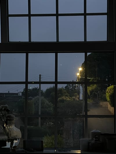 The image depicts a view through a window with multiple panes. The left side of the window is a dark, overcast sky, with reflections of the interior not clearly visible. The right side of the window shows an outdoor scene at dusk.
The outdoor scene includes trees, streetlights, and utility poles with wires. Several streetlights are illuminated, casting a warm glow. There are also what appear to be two small, yellow lights visible in the distance, possibly from another source of light or a reflection. The trees are lush and green, suggesting it is likely springtime or summer. The sky is a muted gray, indicating it is either twilight or a heavily overcast day.
In the foreground, inside the room, reflections are visible in the window. These reflections include what appears to be a table or surface with some objects on it, one of which is partially obscured but seems to be a light-colored, possibly glass or metallic, object. Part of an interior wall or structure is also reflected.
The overall mood of the image is calm and somewhat subdued, consistent with the approaching night or an overcast day. The scene suggests a residential setting. The time of day is clearly evening or dusk due to the illuminated streetlights and the dim sky. There is no visible text in the image.