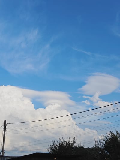 This is a vertically oriented, eye-level photograph taken outdoors in Koledino, Russia, on a partly cloudy day. The scene depicts a bright blue sky with wispy cirrus clouds scattered across the upper half and larger, puffy cumulus clouds dominating the lower half. Several dark power lines stretch horizontally across the frame, supported by a concrete utility pole on the left. Below the power lines, the dark silhouettes of trees and a section of a roofline are visible at the bottom of the image. The sunlight suggests it is daytime, likely afternoon, given the brightness of the sky. There is no text visible in the image.
