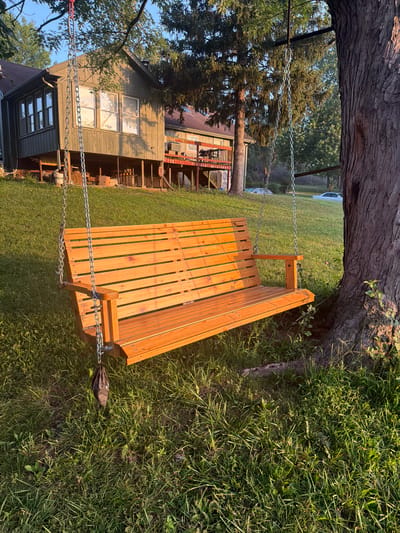 A wooden swing bench hangs suspended by chains from a tree in a grassy yard, with a house visible in the background. The swing bench is made of light-colored wood and has a slatted seat and back. A small, dark bag hangs from one of the chains supporting the bench. The house is a two-story structure with a green exterior and several windows. The yard is covered in green grass, with a large tree trunk to the right of the swing. The scene appears to be set in Holt, United States.