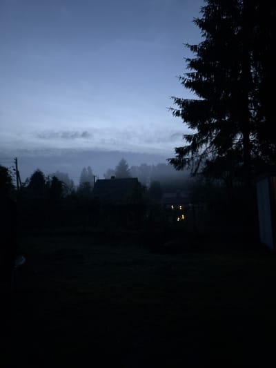 The image depicts a dimly lit outdoor scene with a dark, misty atmosphere. In the foreground, the ground appears to be grass or a similar low-lying vegetation, largely shrouded in shadow. To the right, a portion of a light-colored structure, possibly a shed or outbuilding, is visible. Dominating the right side of the frame is the silhouette of a large coniferous tree.
In the midground, several silhouetted trees form a dense line. Among them, two houses are partially visible. The house on the left has a dark roof. The house on the right shows several illuminated windows emitting a warm, yellow light. The area between the houses and the foreground is occupied by dark foliage and hints of a fence. In the distance, more trees are visible, enveloped in a significant amount of fog or mist.
The sky above is a muted, overcast blue, with wispy clouds present. Several utility poles with wires are discernable against the sky in the left midground, indicating the presence of infrastructure.
The overall impression is one of a rural or semi-rural setting at dusk or early morning, characterized by low light conditions and fog, contributing to a sense of stillness and quiet. There are no individuals or specific actions depicted in the image. The location is identified as Jāņupe, Latvia.