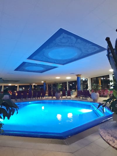 An indoor swimming pool area is depicted in the image, likely within a hotel or spa in Schwangau, Germany. The pool itself is illuminated with bright blue underwater lights, casting a vibrant glow on the water's surface. Surrounding the pool are numerous lounge chairs, many of which appear to be empty. Several large potted plants are strategically placed around the area, adding a touch of greenery to the scene. The ceiling features two large, ornate blue decorative panels. The overall ambiance is calm and serene, suggesting a relaxing environment.