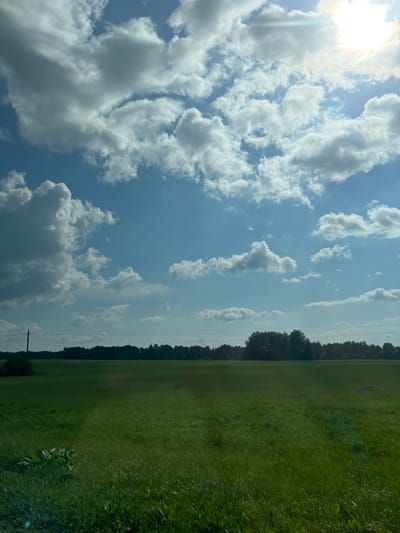The image depicts a rural landscape in Serkovo, Russia. The scene is dominated by a vast green field stretching towards a treeline in the distance. The sky is a vibrant blue, filled with fluffy white clouds. The sun is visible in the upper right corner, casting a bright glare on the scene. A single utility pole with wires can be seen in the left portion of the image, near the edge of the field. The overall impression is one of natural beauty and tranquility.