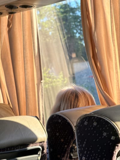 The image shows the interior of a bus with peach-colored curtains pulled back, revealing sunlight streaming through the windows. In the foreground, two bus seats are visible. The seat on the left is light beige and appears to be an armrest. The seat on the right has a dark fabric with a subtle pattern. Behind the seats, a person's blonde hair is visible, suggesting they are sitting on the bus and looking out the window. The background shows a blurred outdoor scene with trees and greenery, indicative of a natural environment. This scene is consistent with being inside a bus traveling through or parked near Kiosevtsi, Bulgaria, a village known for its natural surroundings.