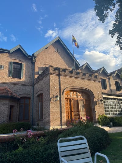 A brick building under a blue sky with puffy white clouds, is visible. A flag with horizontal black, yellow, and red stripes flies from the building's roofline. A large, arched wooden door stands out on the brick facade, accented by smaller rectangular windows. Lush green bushes and the corner of a white patio chair fill the right side of the scene.