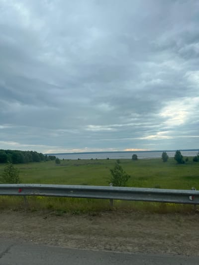 A wide-angle, horizontal shot captures a cloudy sky over a body of water and a grassy field. A metal guardrail runs across the foreground, positioned above a gravel and asphalt surface, indicating a roadside view. The sky is dominated by gray, textured clouds, with a hint of brighter light breaking through on the horizon. Below the sky, a vast body of water stretches across the mid-ground, meeting a distant, flat shoreline. The immediate foreground features a green, mowed field dotted with scattered trees and bushes. A line of denser trees forms the far edge of the field along the shoreline. The scene appears to be located near Kryukovo, Russia, as indicated by the context. The image lacks any visible individuals or animals.