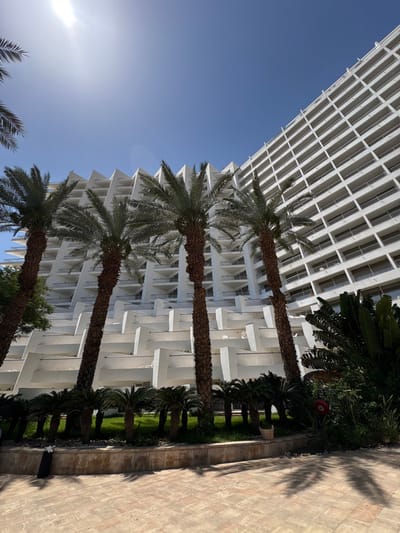 The image shows a white, multi-level, geometrically designed hotel building, with palm trees in front. The building has many windows and balconies, and is located in Ein Bokek, Israel, at coordinates (31.203, 35.361). There are several palm trees in front of the building, with lush greenery around them. The sky is blue and there is a bright sun in the top left corner of the image. The ground is paved with light brown tiles. The scene is a peaceful, quiet one, with no people visible.