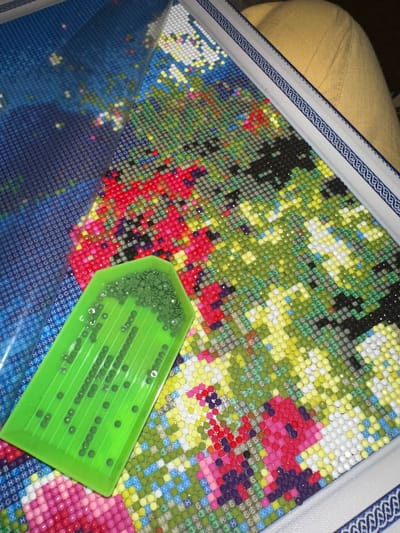 The image shows a close-up of a diamond painting project in progress. The canvas is filled with small, colorful resin diamonds, arranged according to a grid of printed symbols. A section of the canvas is covered with a clear plastic sheet, while a bright green plastic tray filled with more of the green diamonds sits on top of the partially completed canvas. The patterns of the diamonds suggest the beginnings of a floral design, with areas of blue, red, white, yellow, green, black, and pink diamonds. The scene is brightly lit, suggesting an indoor setting.