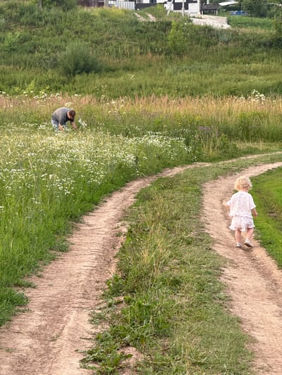 In a rural setting in the village of Snovitsy, Russia, a dirt path curves through a grassy field. A man in a grey t-shirt and dark shorts is bent over in the grass, appearing to pick something. Further down the path, a young child with curly blonde hair, wearing a light pink outfit with a floral pattern, walks away from the camera. The background consists of a grassy hill with some trees and buildings visible at the top. The overall impression is of a serene summer day in the countryside.