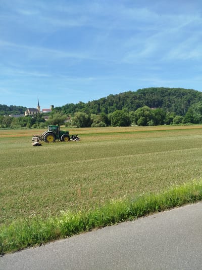This media file captures a rural scene in Karlstadt, Germany, under a bright, sunny sky with scattered clouds. The primary subject is a green tractor operating in a large, cultivated field. The tractor is equipped with a mowing attachment and appears to be in the process of cutting the crops. The field itself is a mixture of green grass and areas with scattered orange or reddish flowers, suggesting it might be a hayfield or a field of a specific crop.

In the background, a charming village is nestled amongst rolling hills covered in dense green trees. A prominent church with a tall steeple stands out in the village architecture. The overall atmosphere is peaceful and idyllic, indicative of a warm, clear day, likely late morning or early afternoon. The presence of the tractor and the cultivated field point to agricultural activity, possibly during the summer growing season. The view is framed by a paved road in the foreground on the right, with lush green grass and wildflowers growing along its edge. The image evokes a sense of rural tranquility and agricultural labor. No visible text is present in the image.
