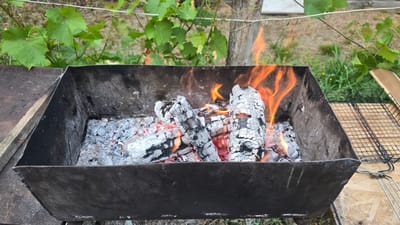 An outdoor scene in Yasnohorodka, Ukraine, features a black metal barbecue grill with burning logs and embers. Flames lick up from the logs, illuminating the charcoal and ash within the rectangular grill. To the right of the grill, a wire barbecue rack rests on a light-colored wooden surface. In the background, green foliage from a vine hangs above a rough wooden post and a patch of grass. The ground appears to be covered with dry dirt and scattered debris.