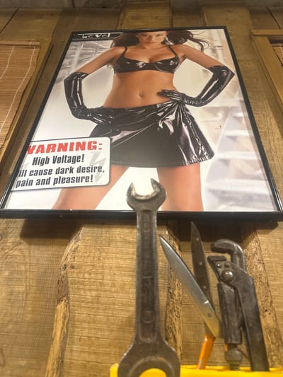 The media file shows a framed poster mounted on a wooden surface. The poster features a woman wearing a black latex outfit, including gloves and a skirt, with a black bra. Her body is partially visible, and she has dark hair. Text on the poster reads "Level" in the bottom left corner, and a warning message in red and white text on the right side states: "WARNING: High Voltage! Will cause dark desire, pain and pleasure!".
To the right of the poster, several metal tools are attached to the wooden surface. These include a wrench, a pair of pliers, and a knife with an orange handle. The wooden surface appears to be part of a rustic interior, possibly a workshop or a themed room. The lighting suggests it is indoors, and no specific time of day or weather conditions are discernible. The overall presentation hints at an edgy or industrial aesthetic, with the juxtaposition of the poster and the tools. The location context provided is Lapės, Lithuania, though this is not visually evident from the image itself.
---
Description:
This media file depicts a framed poster with a provocative image of a woman in a black latex outfit. The poster, titled "Level," prominently displays a "WARNING: High Voltage!" message, hinting at themes of desire, pain, and pleasure. The poster is mounted on a wooden wall, which also serves as a backdrop for several metallic tools, including wrenches and a knife. The combination of the poster and tools suggests a potentially edgy or industrial setting. The scene is indoors, with lighting that does not indicate a specific time of day. The visual elements do not provide direct clues about the location, beyond the general context of a rustic interior, but the provided location context is Lapės, Lithuania.