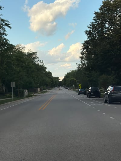 An eye-level, long shot captures a suburban street scene in Vernon Hills, Illinois, USA, bathed in the soft light of a partly cloudy sky. The road, with its double yellow dividing lines and a white lane marking for bicycles, stretches into the distance, flanked by mature trees and manicured lawns of residential properties. Several vehicles are present on the road, including a black SUV, a dark gray SUV, and a silver sedan, some parked along the side and others in motion. The environment appears serene and quiet, typical of a residential neighborhood during daylight hours.