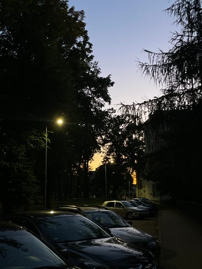 The image depicts a street scene at dusk in Bolesławiec, Poland. The sky displays a gradient of colors, transitioning from pale blue at the top to a soft yellow and orange hue near the horizon, indicating the setting sun. Silhouetted against the sky are numerous trees, some with dense foliage and others appearing as sparser pine trees. A solitary street lamp illuminates the left side of the frame, casting a warm glow on the surrounding trees. In the foreground and middle ground, several cars are parked along a paved area. The cars are dark in color, with the exception of a light-colored sedan further down the row. The overall atmosphere is tranquil, suggesting a residential or public parking area at the end of the day.