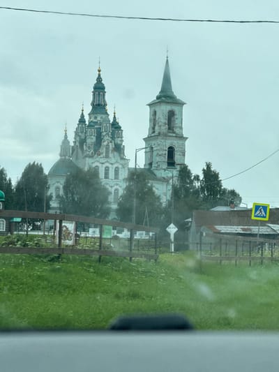 The image depicts a view of a church complex and surrounding village buildings in Nizhnyaya Sinyachikha, Russia. In the background, a prominent church with multiple blue-green domes and spires, some topped with golden crosses, dominates the skyline. Adjacent to it, a separate bell tower with a pointed roof and arched openings stands tall. The church appears to be made of light-colored stone and exhibits signs of age and weathering.
In the middle ground, a wooden fence runs horizontally across the frame, separating a grassy area from the church complex. Behind the fence, there are several trees with lush green foliage. Some posters or signs are attached to the fence. Further to the right, a cluster of village houses with corrugated roofs is visible, along with a street sign indicating a pedestrian crossing.
The foreground is filled with a vibrant green grassy field, with some scattered wildflowers. The bottom of the image shows a blurry dark surface, possibly the dashboard of a vehicle, suggesting the photo was taken from inside a car. The sky is overcast and a pale blue-grey, indicating a cloudy day. A thin black wire stretches horizontally across the top of the image. The overall scene is one of a rural Russian village with its characteristic architecture and natural surroundings.