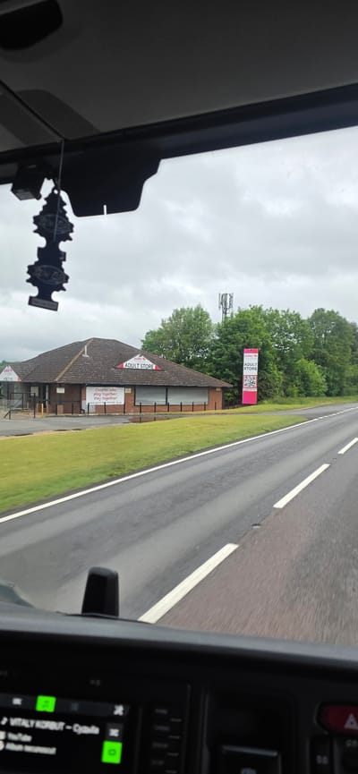 This is a ground-level exterior shot from inside a vehicle looking out at a roadside adult store in South Kesteven, United Kingdom. The building is a single-story brick structure with a brown tiled roof and rolling metal shutters on its windows. A red and white sign on the roof and a tall pink banner on the right side of the building both display "ADULT STORE" with the logo "pulse & ecstacy". A slogan "Couples who play together, stay together!" is visible on a white banner on the front of the building, along with a website address and a QR code on the pink banner. The store is situated next to a tree line with a telecommunications tower visible in the background. A green lawn with some puddles in front of the store separates it from a wet asphalt road with white lane markings. A black car air freshener is hanging from the vehicle's rearview mirror. The dashboard of the vehicle is visible in the foreground, showing a media player displaying "VITALY KORBUT - Crystal" with a YouTube icon.