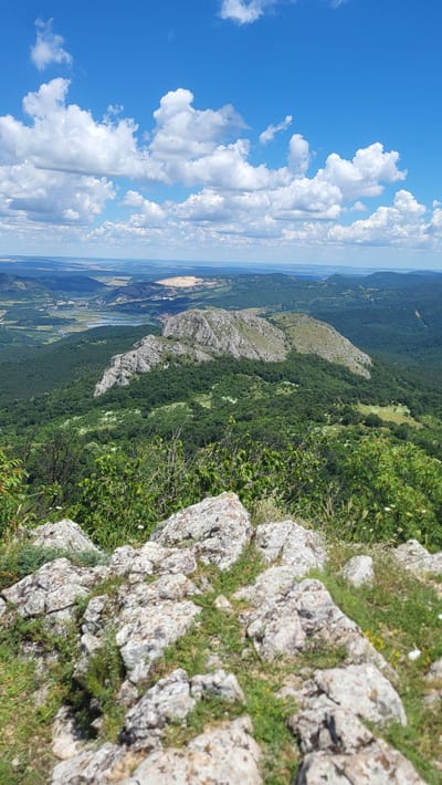 This is a vertical, outdoor, landscape photograph taken from a high vantage point, likely a mountain peak, looking out over a vast, verdant valley and distant plains. In the foreground, a cluster of rough, grey rocks, partially covered with green grass and some dry branches, dominates the bottom of the frame. The middle ground is characterized by a dense forest of lush green trees covering rolling hills. Beyond the forest, a rocky mountain ridge with sparse vegetation is visible, catching the sunlight. Further in the distance, the landscape flattens into a valley with agricultural fields, a body of water, and hints of human settlement. The horizon is marked by a range of hazy, blue hills. The sky is a vibrant blue, filled with scattered, fluffy white cumulus clouds. The lighting suggests a bright, sunny day. This view is likely from a location near Bilka, Bulgaria, offering a panoramic vista of the surrounding natural environment. There are no people or specific man-made structures clearly identifiable in the scene apart from what might be a distant road or bridge.