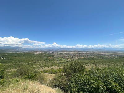 The image captures a panoramic view from an elevated vantage point overlooking the city of Gornji Kokoti, Montenegro, under a bright blue sky dotted with scattered white clouds. The foreground features dry, golden grass and a dense cluster of green trees, suggesting a natural, semi-arid environment. Descending into the midground, the landscape transitions into a vast expanse of low-lying green shrubs and scattered trees, interspersed with the reddish-brown roofs of houses characteristic of a suburban or rural settlement.

Further in the distance, the city of Gornji Kokoti unfolds with a denser concentration of buildings, many with terracotta roofs, spread across a relatively flat terrain. Beyond the city, a range of distant mountains forms the horizon, their peaks softened by atmospheric haze. The overall impression is one of a sunny day in a picturesque, semi-mountainous region. No people or specific actions are depicted in the scene; it is a static landscape view.