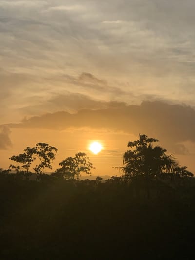 A wide shot captures a sunset over Karandugoda, Sri Lanka. The sun, a bright orb, is positioned centrally in the frame, casting a warm golden glow across the sky. Wispy clouds are scattered throughout, some tinged with orange from the setting sun. Silhouetted against the luminous sky are the tops of several trees. The foreground is dominated by a dark, indistinct mass, likely the lush vegetation of the Sri Lankan landscape, which is almost entirely in shadow. The overall impression is one of natural beauty and tranquility.