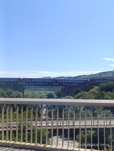 A wide shot captures a train crossing a multi-tiered railway bridge under a clear blue sky. The train is composed of several carriages, prominently displaying the red Russian Railways logo. The bridge itself is a substantial structure, with arches visible on the lower level. Below the main railway bridge, another, simpler track runs across a narrower structure, with a river flowing beneath it, partially obscured by vegetation. In the foreground, a metal railing of a pedestrian walkway or another bridge obscures the view slightly. The background features lush green hills and trees, indicating a natural, possibly rural, setting. The scene is set in Ops 3 Kislovodskiy, Russia, as indicated by the embedded date and time stamp in the bottom right corner: "08.07.2026 09:36".