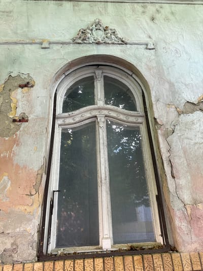 The image depicts a close-up, worm's-eye view of a weathered architectural facade, focusing on a tall, arched window, located within the city of Becej Municipality, Serbia.

The building wall exhibits significant disrepair, with layers of cracked and peeling paint revealing underlying plaster in shades of peach, yellow, and grey. The predominant upper wall color is a faded light green or mint. Above the window's arch, a heavily weathered, ornate stucco decoration, likely a cartouche or architectural crest with scrollwork, is centered. Below this, a horizontal molding extends across the wall, featuring small, triangular projections on either side of the central decorative element. On the left side of the facade, embedded in the damaged plaster, two rusty metal brackets are visible. Extensive cracks and large patches of missing plaster are distributed across the entire wall surface, revealing the rough texture beneath.

The window itself is a tall, arched, double-leaf design with a white-painted wooden frame, also showing signs of severe weathering and peeling paint. The uppermost section comprises a single arched pane. Below this, two tall rectangular panes form the main body of the window. The vertical elements of the lower window frame feature decorative fluting, mimicking pilasters, and horizontal bands with small, raised circular or bead-like motifs. The glass panes reflect diffuse light and the indistinct shapes of green foliage. A dark, rusty metal bar or grille runs vertically along the outer left edge of the window frame, extending to the base. A smaller, similar dark vertical element is present on the right. A horizontal dark metal bar forms the lower edge of the window frame, resting on the tiled base. A dark-colored latch handle is visible on the left vertical frame of the lower window pane. The window sill contains accumulated debris, possibly dried leaves.

The base of the wall features a plinth composed of rectangular tiles in yellow-orange or terracotta hues. These tiles have an embossed, repeating geometric pattern of short lines and small squares arranged in varying orientations.
