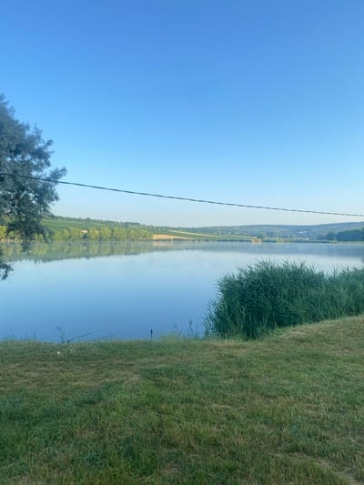 This image depicts a serene lake scene with lush green grass in the foreground. The tranquil water reflects the clear blue sky and the rolling hills in the distance, dotted with trees and fields. Tall reeds grow along the water's edge, adding to the natural beauty of the environment. Several fishing rods are visible, suggesting a recreational fishing spot. The overall atmosphere is peaceful and idyllic, characteristic of the rural landscape around Găleștii Noi, Moldova.