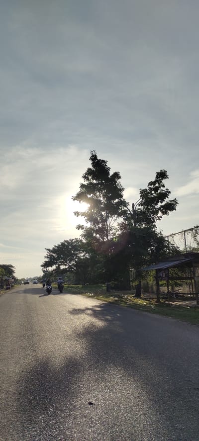 The image depicts a road in Sumbokrayek, Indonesia, under a bright sky with scattered clouds. The sun is partially obscured by a large tree on the right side of the road, casting long shadows. A few vehicles, including motorcycles and cars, are visible on the asphalt road. On the right side of the road, there's a small open-sided shelter with a sign displaying the number "66". Trees and vegetation line the sides of the road, and a chain-link fence is visible behind the shelter. The overall scene suggests a rural or semi-rural environment on a clear day.