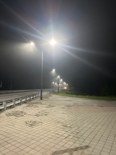 The image depicts a foggy night scene along a road in the city of Krasnyi, Russia. A line of streetlights illuminates the foggy atmosphere, casting a bright glare. The road, divided by white lines, is bordered by a metal guardrail. On the sidewalk, paved with square tiles, a solitary person wearing a light-colored shirt and dark pants stands near a streetlight. Further down the road, more streetlights are visible, interspersed with trees and a grassy embankment. The overall impression is one of a quiet, atmospheric night on the outskirts of the city.