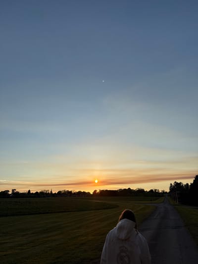 This image captures a tranquil outdoor scene at sunset, likely in the rural landscape of South Kesteven, United Kingdom. The sun is low on the horizon, bathing the sky in warm golden and orange hues, which gradually fade into a clear, soft blue overhead. A faint crescent moon is visible in the upper part of the sky, along with a small bird in flight and subtle, linear contrails from an aircraft.
The setting consists of expansive green grassy fields, some showing distinct mowing patterns. An asphalt path or road meanders into the distance on the right side of the frame, lined by trees and foliage, some of which are silhouetted against the bright sky.
In the right foreground, a person is seen from behind, looking towards the setting sun. They are wearing a light-colored (possibly white or light grey) hooded sweatshirt. On the back of the sweatshirt, a dark crest or logo is visible, and upon closer inspection, the word "Madrid" can be discerned below it, suggesting affiliation with a sports team or institution.
The overall atmosphere is peaceful and contemplative, indicative of the end of the day. The clear sky and warm light create a beautiful natural vista.