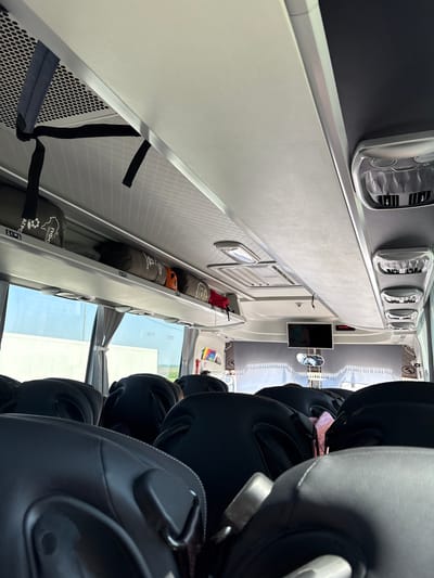 The interior of a passenger vehicle, possibly a bus, is depicted. Rows of black leather seats are visible on the right. Above the seats, a luggage compartment runs along the left side, containing cylindrical bags. Above the compartment, individual reading lights and air vents are installed on the ceiling. A small television is mounted on the wall. Outside the windows, a cityscape is visible. The location is the city of Сапуголи, Russia.