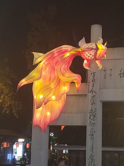 An illuminated, ornate lantern in the shape of a golden-red fish hangs from a white pillar at night in Wuhou District, China. The fish lantern is detailed with scales and fins, and appears to be part of a celebratory decoration. The pillar is inscribed with vertical black Chinese calligraphy. In the background, obscured by darkness and the illumination of the lantern, are faint structures that appear to be buildings with more red lanterns hanging, suggesting a lively night market or festival. There are also silhouetted figures of people in the distance, some walking and others standing. The environment is outdoor, under a dark night sky.