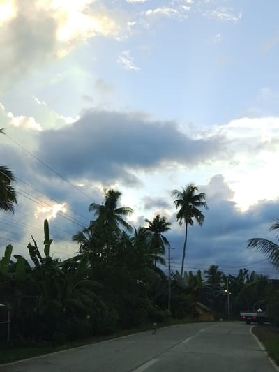 The image depicts a road in Santa Cruz, Philippines, under a sky filled with dramatic clouds. Sunlight breaks through the clouds in the upper left, casting a bright glow and creating rays. Several palm trees are visible, silhouetted against the sky, with lush green foliage from other plants lining the road on the left side. Power lines crisscross the upper portion of the frame. The road itself is paved, with white lines marking its edges. In the distance, a small wooden structure and a truck are visible. A small dog walks along the side of the road. The overall impression is of a tropical landscape with changing weather conditions.