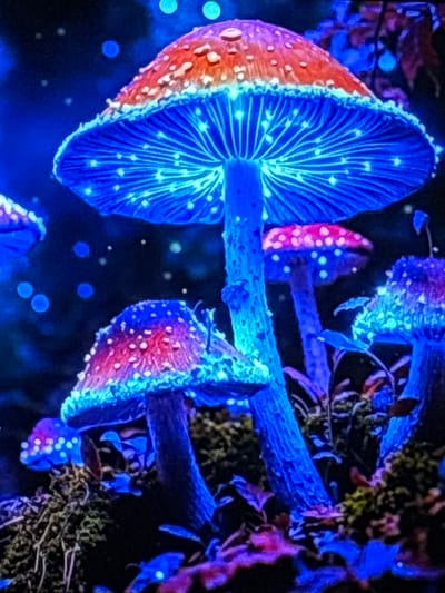 The image displays a surreal, close-up view of several bioluminescent mushrooms with red caps and white spots, illuminated by an ethereal blue glow. The mushrooms are set against a dark, blurred background with bokeh effects of blue and white circles, suggesting a nocturnal or fantastical forest environment. The lighting emphasizes the intricate details of the mushroom gills and the textures of the surrounding mossy ground. The scene is highly stylized and appears to be digitally enhanced for a magical or alien aesthetic. There are no people, animals, or discernible elements that would indicate a specific location in the city of Gurkovo, Bulgaria.