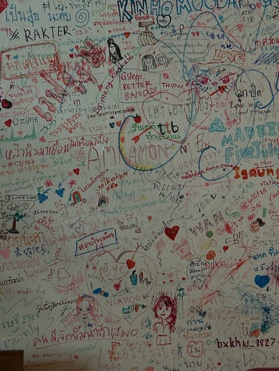 The image depicts a wall covered in a dense layer of graffiti and handwritten messages in various colors and styles. The graffiti is a mix of text in Thai and English, drawings of people, animals, and symbols. The overall impression is one of a vibrant and chaotic artistic expression. The location is identified as being in the city of Surat Thani, Thailand. The wall itself appears to be an outdoor surface, possibly part of a public space or a building. The graffiti is layered, with newer markings appearing over older ones, indicating a history of ongoing creative activity. Some of the drawings are detailed, while others are simplistic sketches. The text includes what appear to be names, dates, and short phrases, suggesting personal messages and possibly expressions of affection or belonging. There are also some larger, more elaborate drawings, such as a cartoonish depiction of a girl with pink hair. The presence of these varied elements creates a visually rich and complex scene, characteristic of a popular spot for public art and expression.
