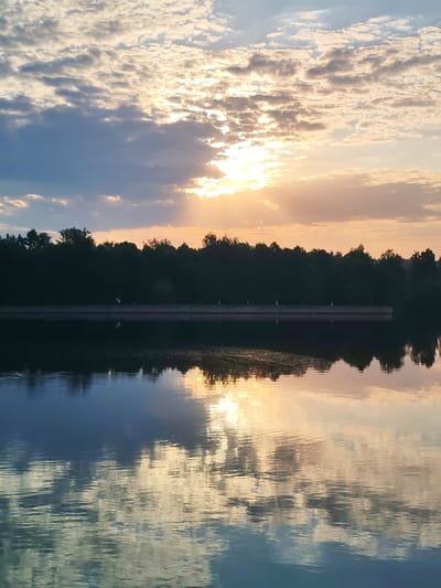 The image depicts a serene landscape at what appears to be either sunset or sunrise, reflected in a body of water. The upper portion of the image shows a sky with a mixture of light and dark clouds, with the sun's rays peeking through them.
Below the sky, there is a line of trees, silhouetted against the bright sky. Below the trees, what appears to be a man-made structure.
The bottom half of the image is dominated by the reflection of the sky and the trees in the water, creating a symmetrical effect. The water surface is slightly rippled, distorting the reflection.
Based on the information provided, the location is Ermolino, Russia.